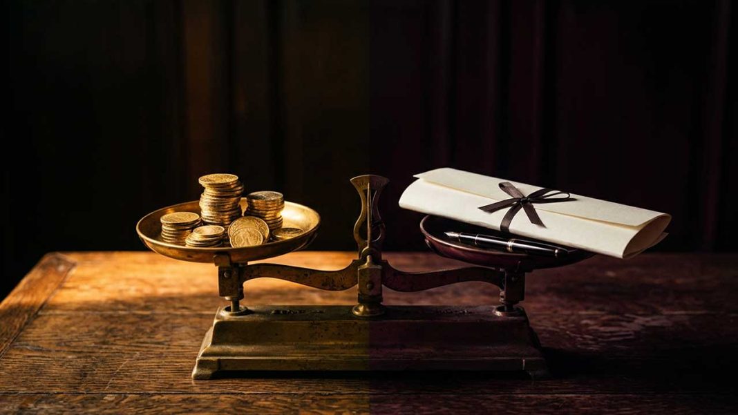 Balance de justice et documents officiels symbolisant la lutte contre la corruption et la quête de transparence en Guinée
