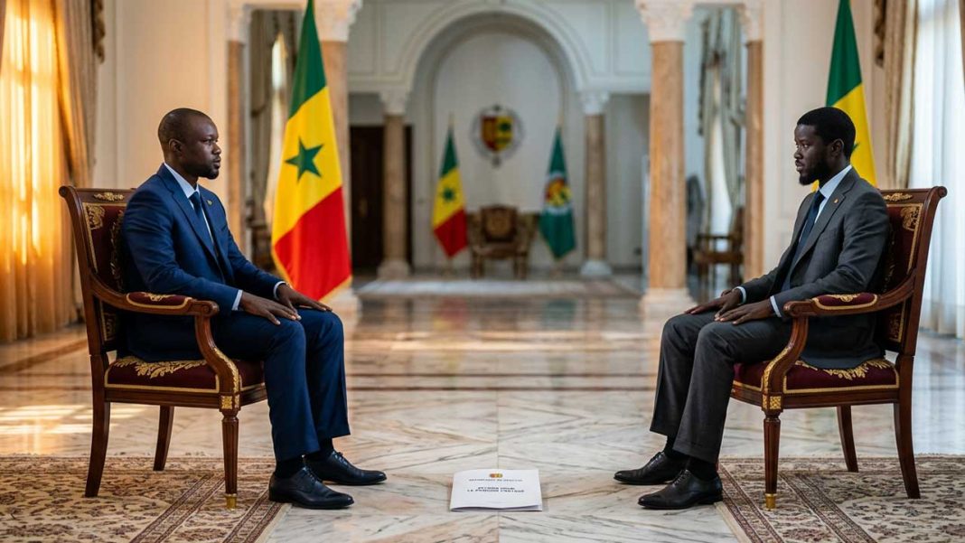 Chambre parlementaire bathée d'une lumière duale symbolisant la cohabitation institutionnelle entre exécutif et législatif au Sénégal