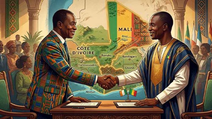 Côte-d'Ivoire–Mali-accord-sur-le-tracé-de-la-frontière Frontière entre la Côte d'Ivoire et le Mali après l'adoption d'un tracé définitif commun.