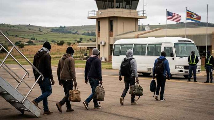 Eswatini-controverse-sur-les-expulsions-américaines Illustration des expulsions de migrants des États-Unis vers l'Eswatini dans le cadre d'un accord controversé.
