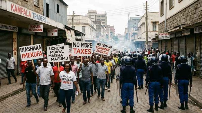 Kenya-les-commerçants-protestent-contre-les-droits-de-douane Commerçants manifestant à Nairobi contre la hausse des coûts liés aux importations au Kenya.